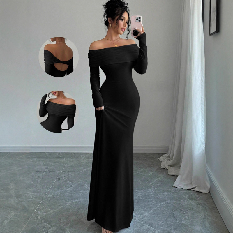 Foreign Trade 2025 Spring Women's Off-Shoulder Pleated Tight-Fitting Fashionable and Elegant Hip-Hugging Long Evening Dress