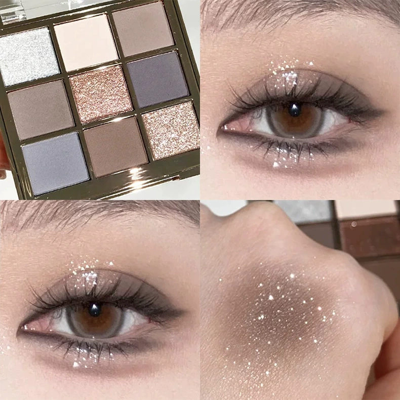 Палетка теней для век POTO Aesthetic Color Nine Color: оранжево-коричневый земляной цвет с жемчужным переливом, матовая, мелкие блестки, новичок, студентке, доступная цена