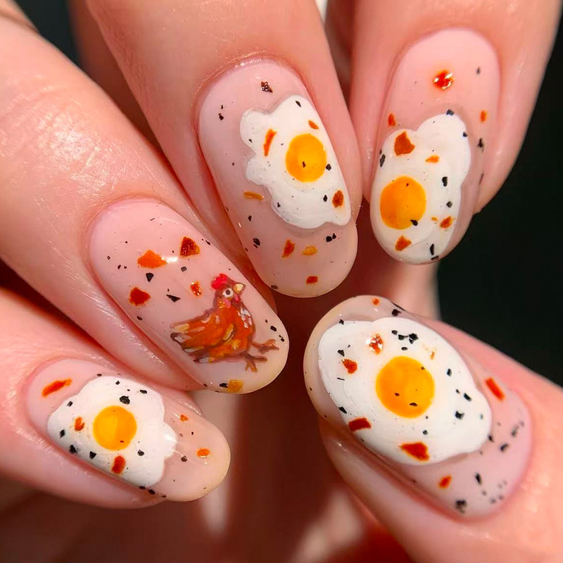 24-Piece Thanksgiving Series Turkey and Fried Egg Design Ins-Style Nail Tips Fake Nails Wholesale in Stock