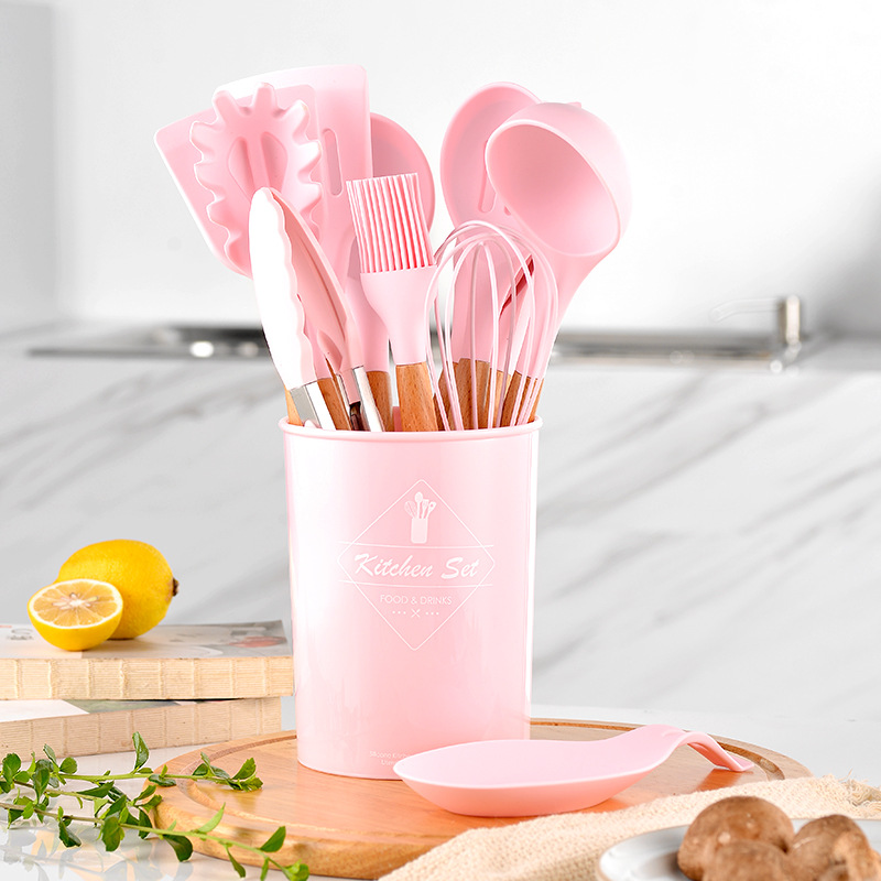 木柄硅膠廚具11件套收納桶裝 九色系硅膠廚具烹飪鏟勺11件套裝