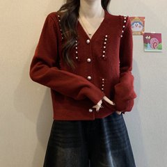 法式小香风2025早秋新款百搭精致V领珍珠装饰设计针织开衫毛衣女