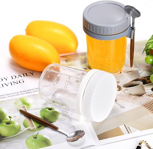 Overnight Oatmeal Mason Jar Yogurt 12oz Breakfast Cup Milk Glass Cup with Spoon and Lid Measuring Salad Cup