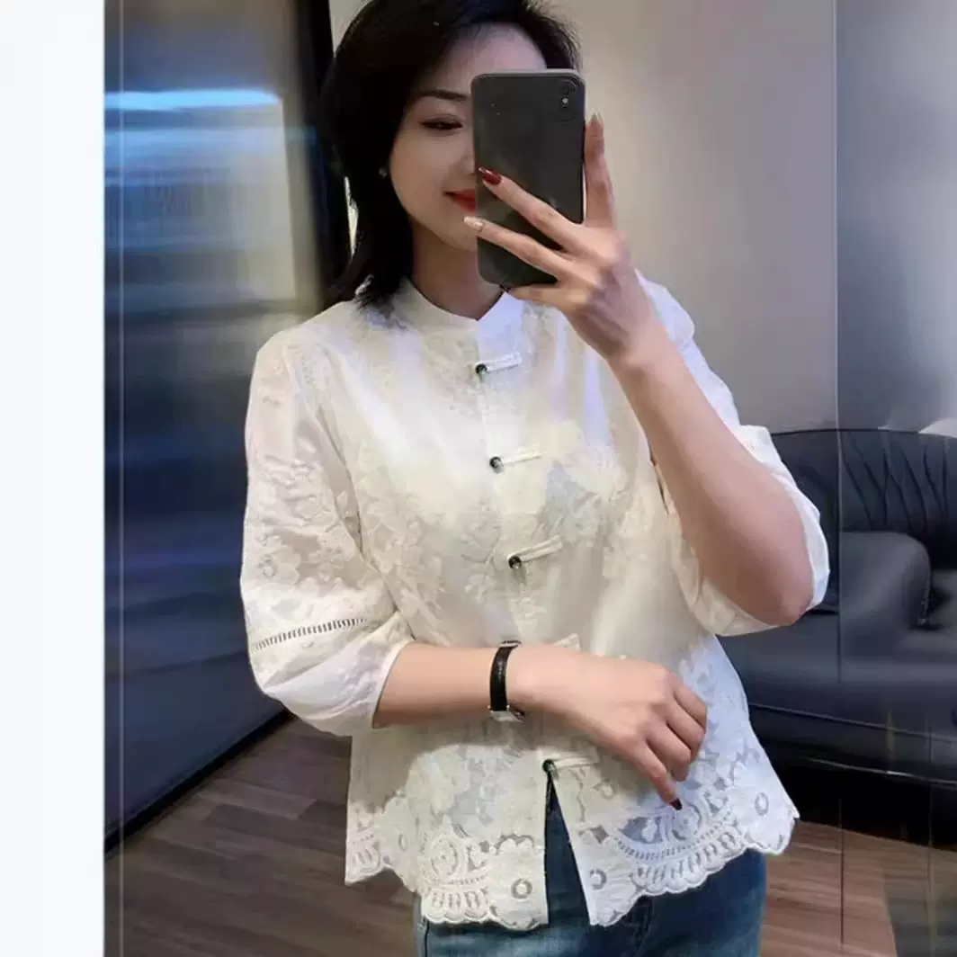 新中式国风盘扣衬衫女2024夏季新款显瘦提花上衣设计感复古蕾丝衫