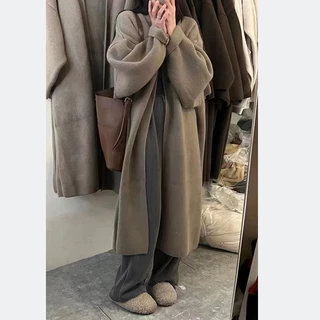 韩版宽松加厚V领针织开衫大衣女2023秋冬新款大码慵懒风毛衣外套