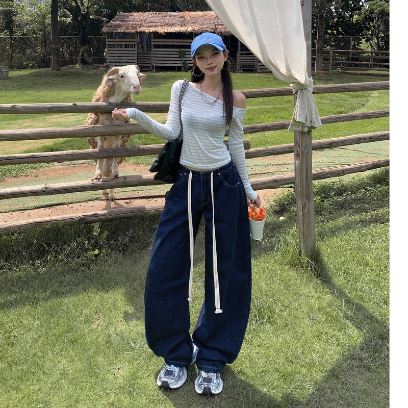 Jennie-Style American-Style Low-Rise Denim Jeans for Women, Autumn High Street Drawstring Relaxed Casual Wide-Leg Pants