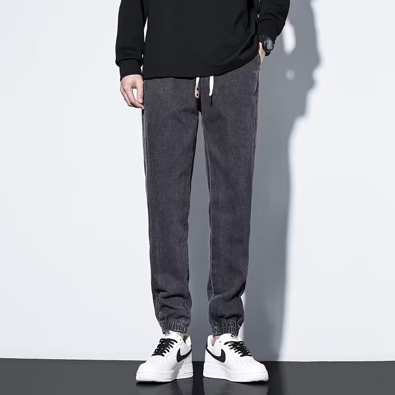 2024 primavera y otoño pantalones vaqueros de cintura elástica todo fósforo para hombres, pantalones de pierna ancha rectos sueltos para adolescentes de la calle principal