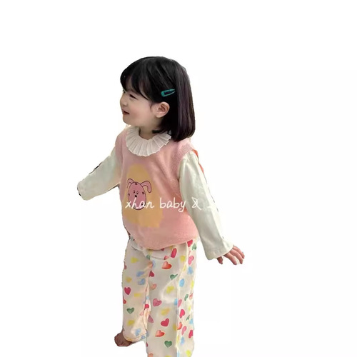 Girl's Spring Outfit 2024 New Cute Doll Shirt + Pink Vest + Heart Straight Pants Fashion Three-Piece Set