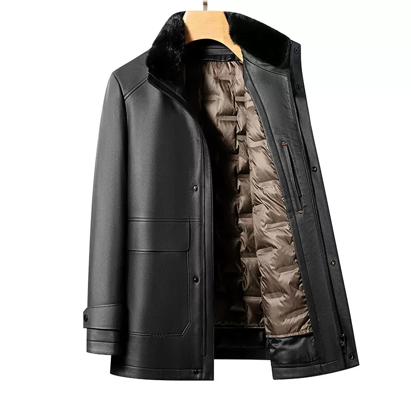 男士加绒皮衣可脱卸羽绒内胆大毛领高档男士爸爸装皮大衣防风保暖