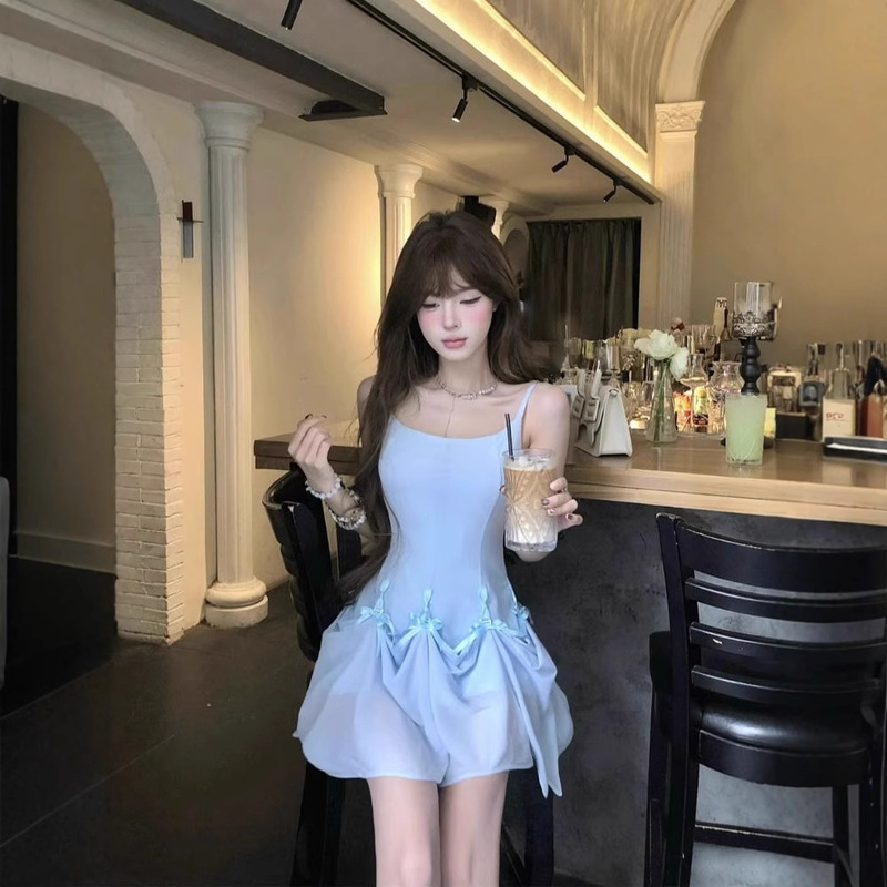 One Skirt Multi-wear Bow Blue Sling dress Women's Summer Design Sense Skirt Sweet and Spicy Waist A- line Long Skirt