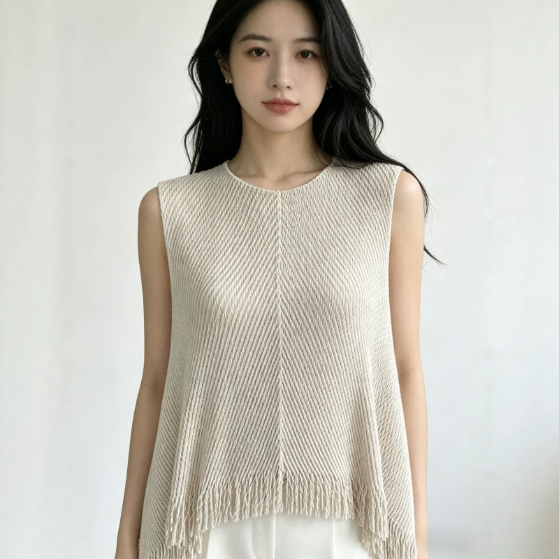 Directly from the Manufacturer: Miyake Pleated Sleeveless Vest Top with Round Neck and Tassels, Casual Style