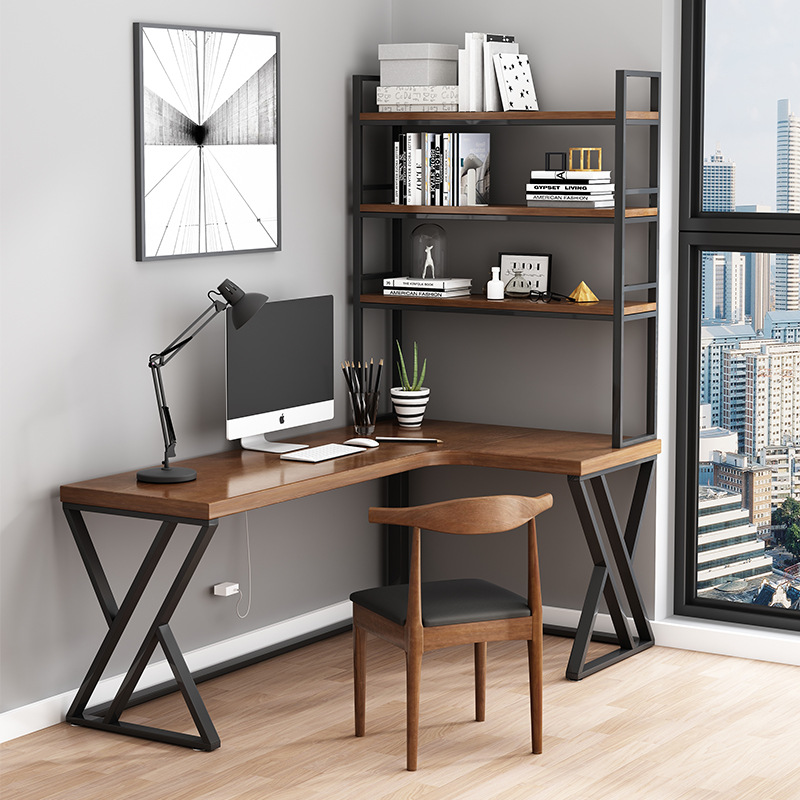 转角书桌简易角落电脑台式桌家用写字台实木写字桌书架一体桌组合