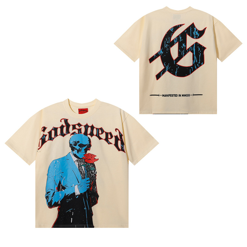 夏新作 Godspeed アメリカのハイストリートファッションブランド スカルロック ペアレタープリント 半袖Tシャツ メンズ|undefined