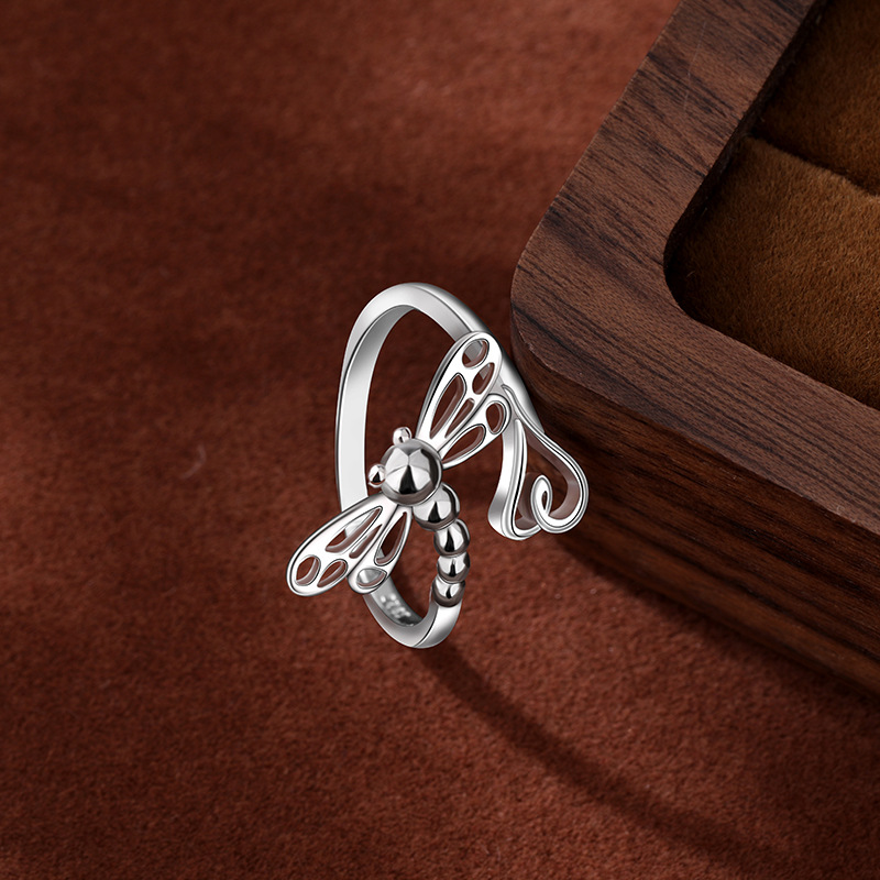 Nuevo transfronterizo de plata esterlina 925 temperamento elegante anillo libélula nicho de diseño de moda femenina apertura anillo ajustable