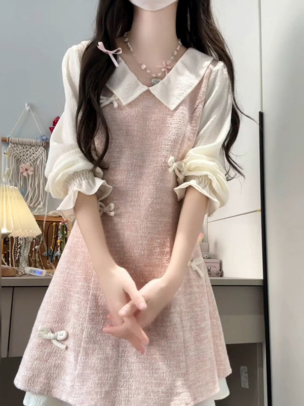 小个子绝美粉色连衣裙子女初秋季2025新爆款假两件miu系穿搭短裙|undefined