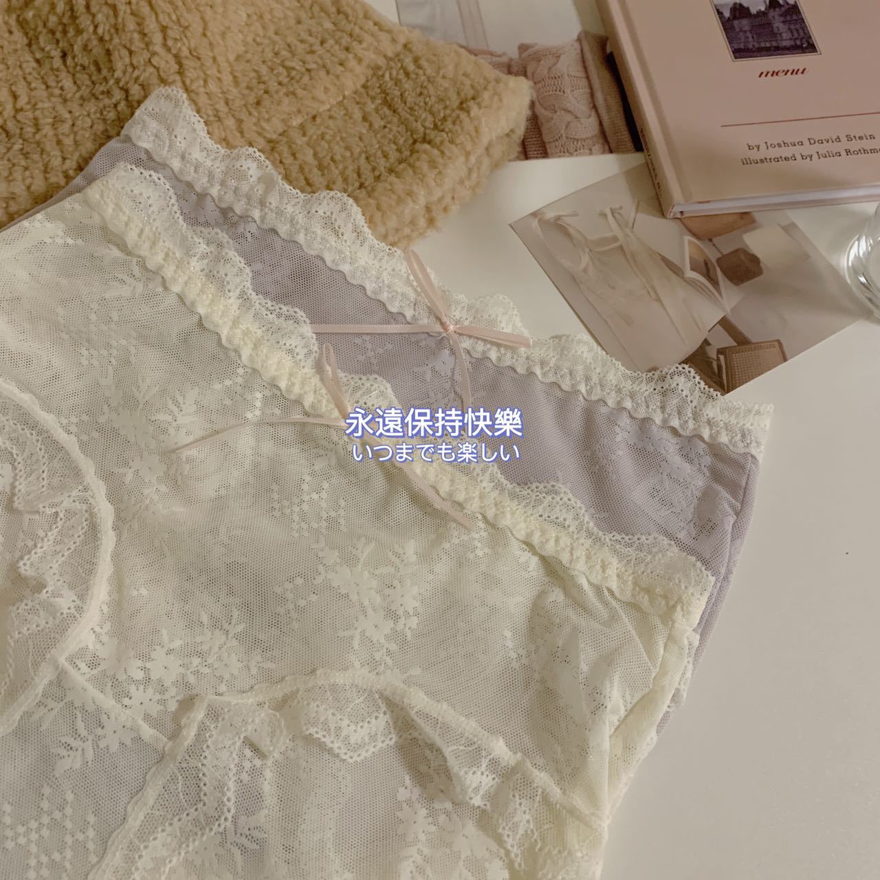 简约田园风~蕾丝内裤女裸感无痕纹理透气低腰纯棉裆蝴蝶结三角裤