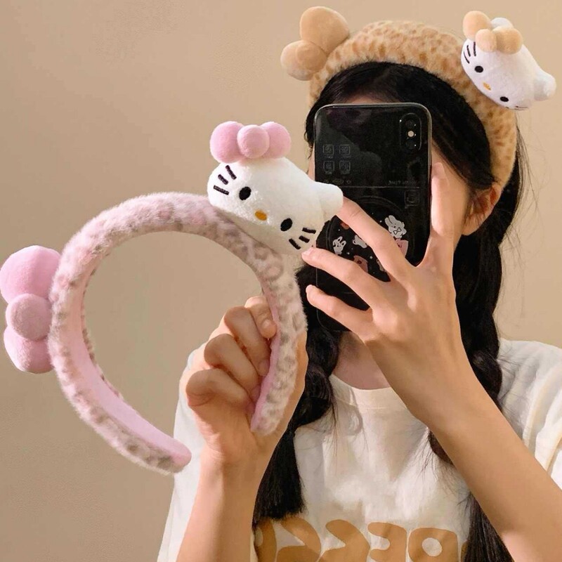 粉色豹纹Kitty蝴蝶结毛绒发箍女可爱百搭头箍洗脸发卡高颅顶盘发|undefined