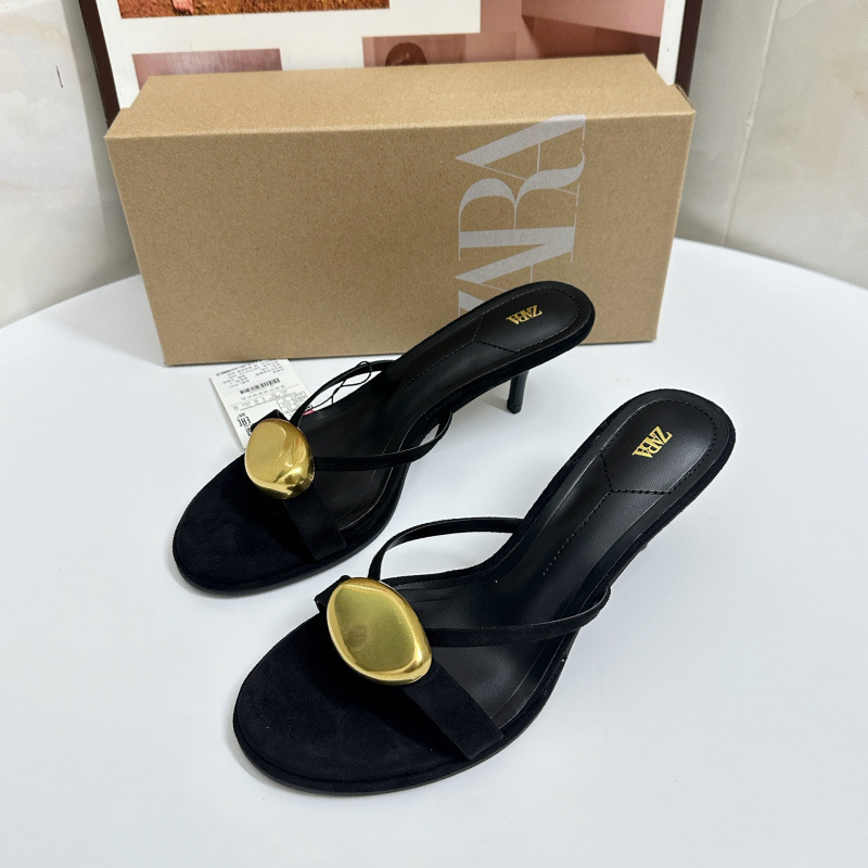 ZA 夏新製品 2025 ハイヒールの女性の靴ラウンドトゥメタルバックル付きファッションバックホリゾンタルサンダル女性用|undefined