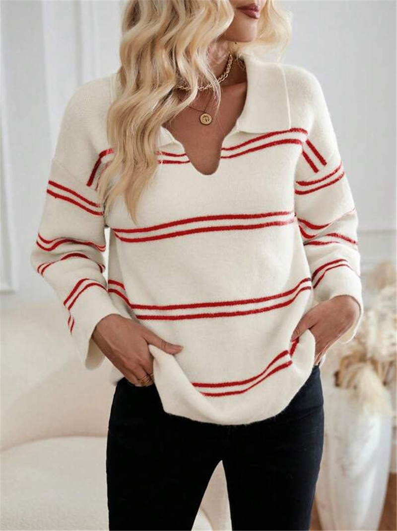 Women's Striped Polo Sweater – V-Neck, Contrast Trim, Long Sleeve (White/Black/Apricot/Red, S-L)_ecoleips.com