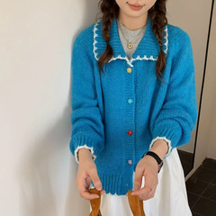 韩系设计感克莱因蓝色针织开衫女秋冬宽松慵懒风软糯加厚毛衣外套