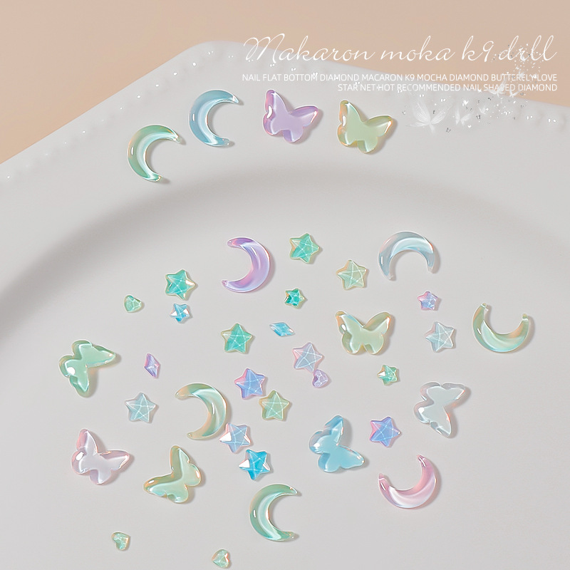 Manicura tamaño pequeño Mocha Luna Estrella Mariposa plana Internet celebridad joyería Aurora colorido estrella de cinco puntas joyería al por mayor