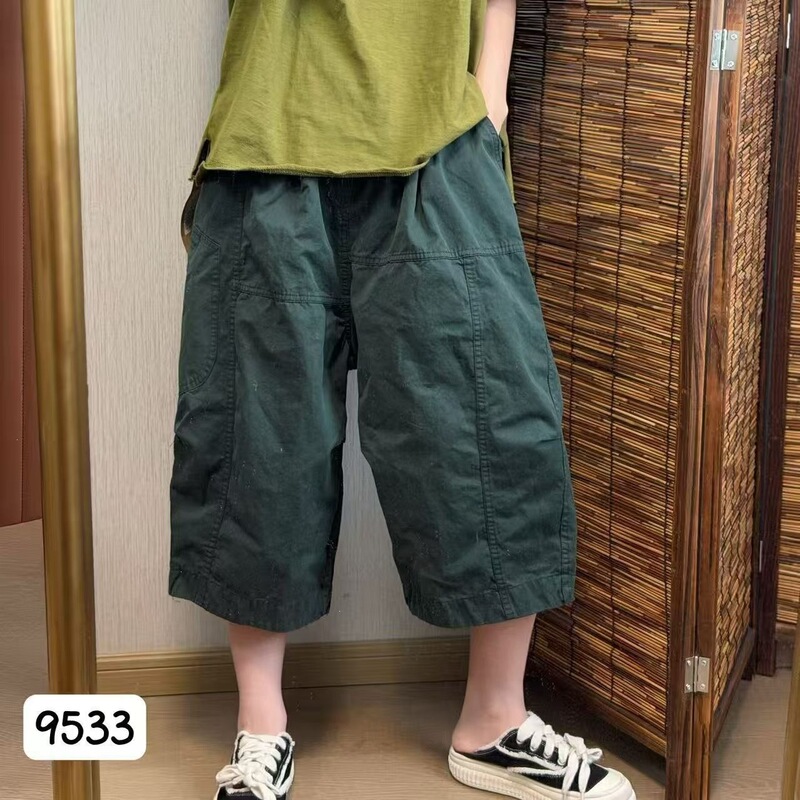 2026 Summer New Style Artistic Loose Large Size Elastic Waist Fashionable Women's Cotton Cropped Pants Thin Style