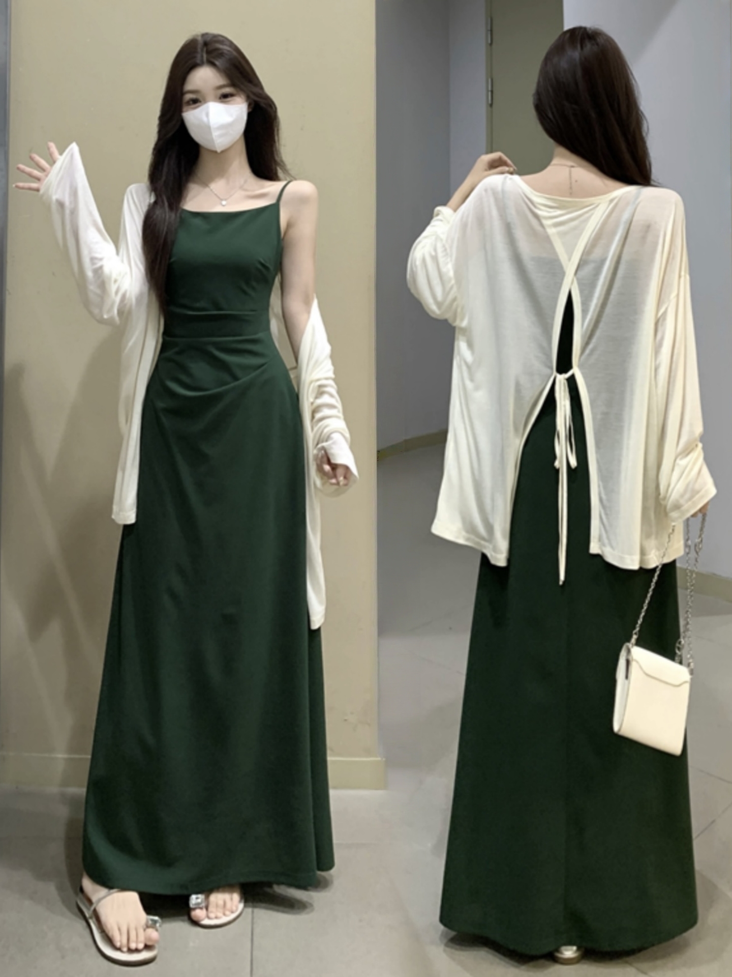 夏天搭配一整套女大码微胖mm时尚度假风防晒开衫吊带连衣裙两件套