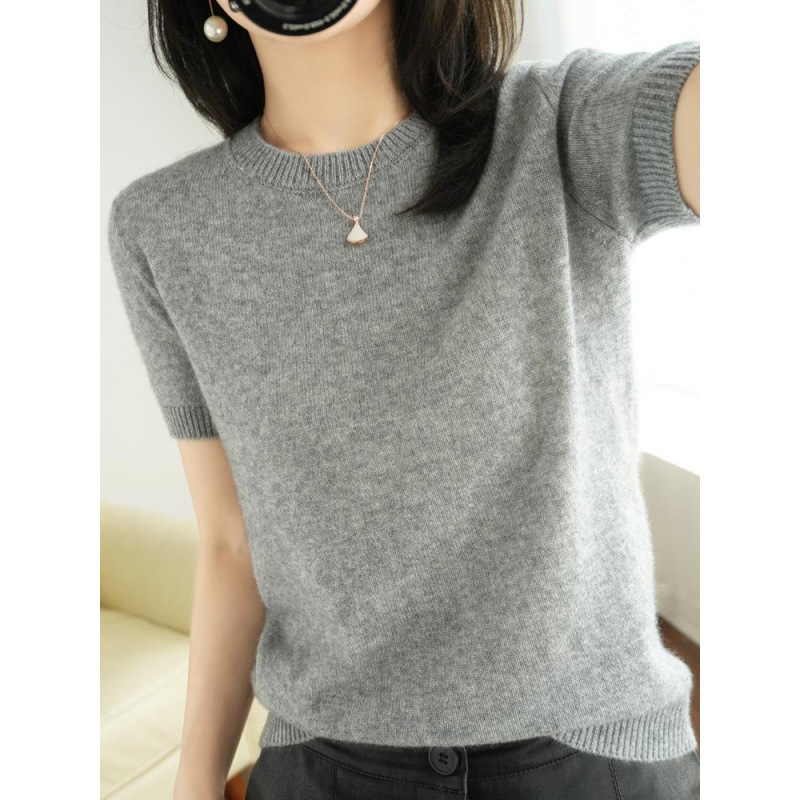 New Knitted Short-Sleeved Loose T-Shirt with Sweater, Non-Cashmere Bottoming Shirt, Spring, Autumn and Summer Short Half-Sleeved Top