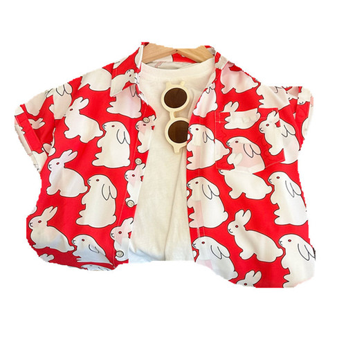 Summer new children's shirt with personality, cute cartoon rabbit, short-sleeved, versatile and trendy Korean style shirt without tie