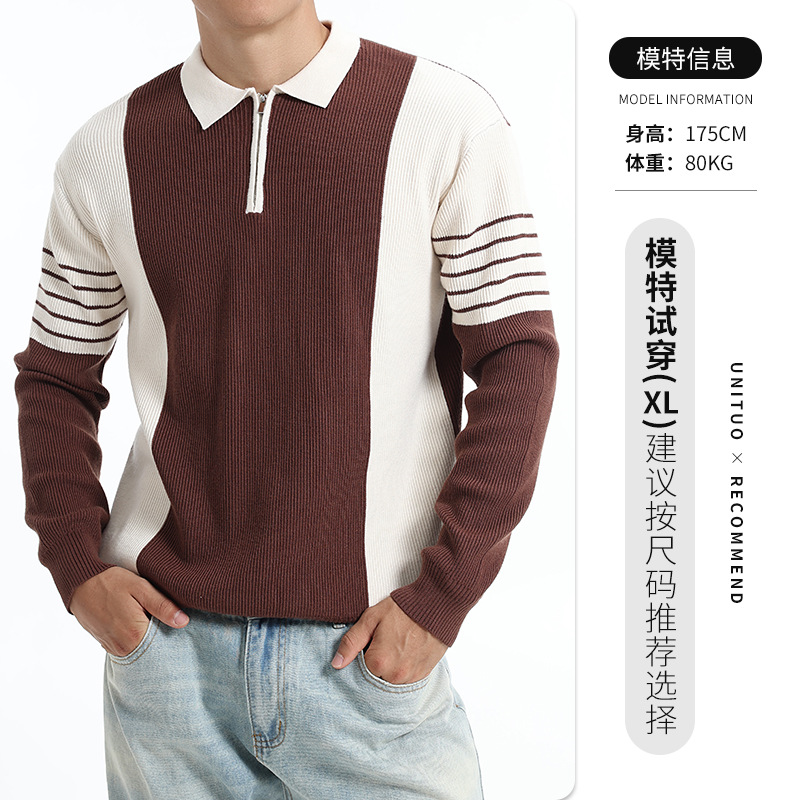 Cross-border hombre otoño invierno medio cremallera suéter de solapa hombre de negocios ocio rayas contraste polo suéter de punto