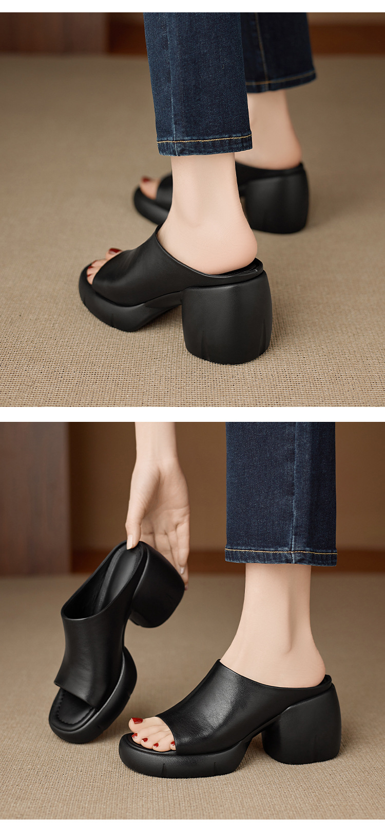 Sandal cao gót nữ hở mũi quai ngang da thật gót vuông 9 cm — màu đen, màu trắng ngà chi tiết 10