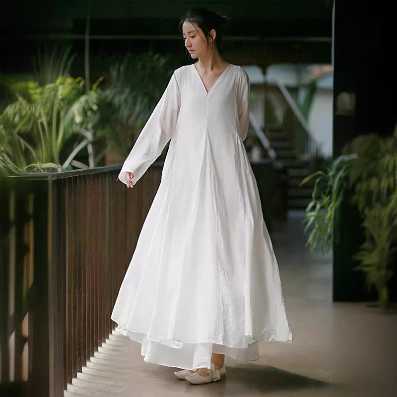 Spring and Summer New Cotton and Linen Women's Clothing, Cool Style, All-Cotton Double-Layer Long-Sleeve Dress, 4 Colors, Beach Vacation Cotton and Linen Dress