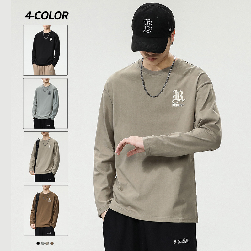 纯棉长袖t恤男士春秋季2025新款潮流百搭休闲体恤圆领打底衫潮牌