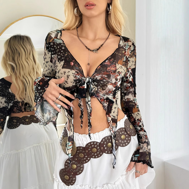 Retro Printed Ruffled T-Shirt for Women 2025 Summer Fashion European and American New Mesh Sexy Long-Sleeved Tops Wholesale