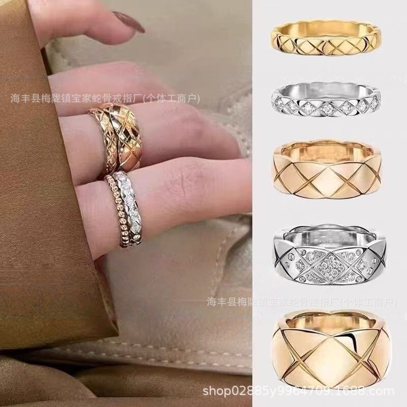 코코 럭셔리 다이아몬드 체크 반지 18K 골드 도금 기하학 패션 남녀공용