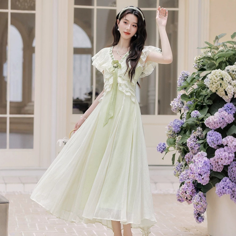 French Pastoral Design Fairy Dress Lace Green Princess Dress for Women French Pastoral Design Fairy Dress Lace Green Princess Dress for Women