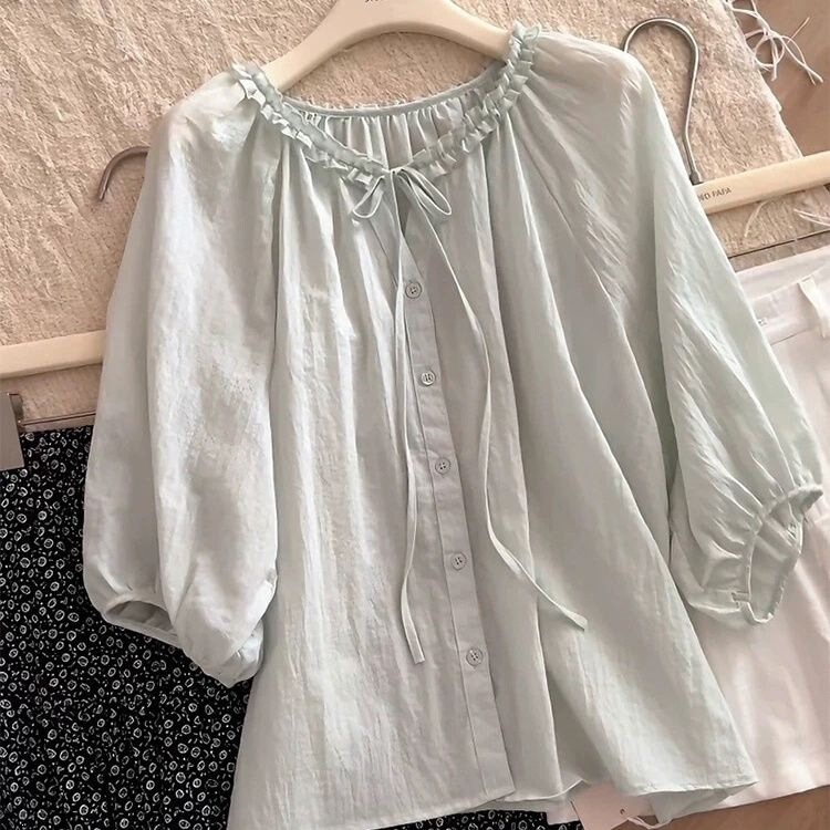 Korean-Style Fresh Light Green Round-Neck Tie Bow Shirt for Women, Summer Niche Design Mid-Sleeve Top