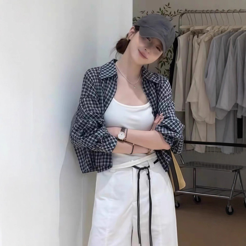 韩系休闲时尚短款衬衫背心两件套女2025夏季新款格子长袖薄款套装|undefined