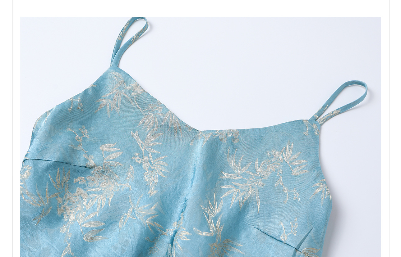 Váy maxi cạp cao vải rayon họa tiết lá tre xanh mùa hè, dáng suông tôn dáng ZX M4081 — Màu xanh nước hồ chi tiết 11