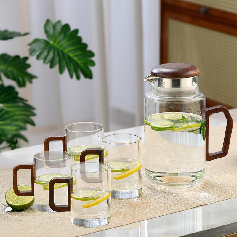 Botella de agua fría de vidrio, taza de agua, olla fría de madera de vidrio para el hogar, olla de té retro resistente al calor, taza de té, juego de agua image 11