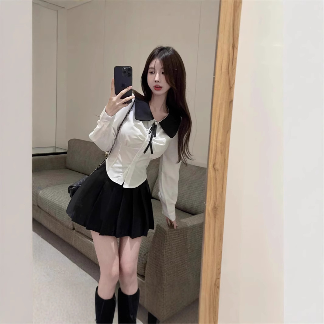 새로운 대학 스타일 JK 유니폼 슬림 핏 긴팔 인형 칼라 셔츠 높은 허리 모든 경기 플리츠 스커트 슬림 투피스 세트