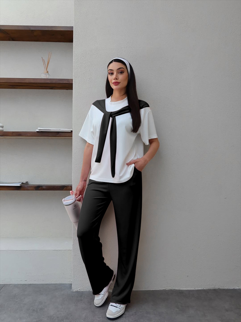Women's Clothing Women's Faux Wrap Short Sleeve Top And Straight Leg Pants Set Patchwork White Round Neck Summer Fashion Casual Outfit_ecoleips.com
