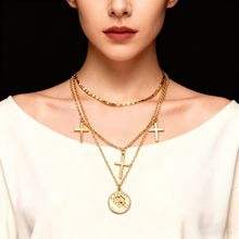 欧美跨境圆牌双层项链女简约十字架锁骨链复古网红颈链潮吊坠