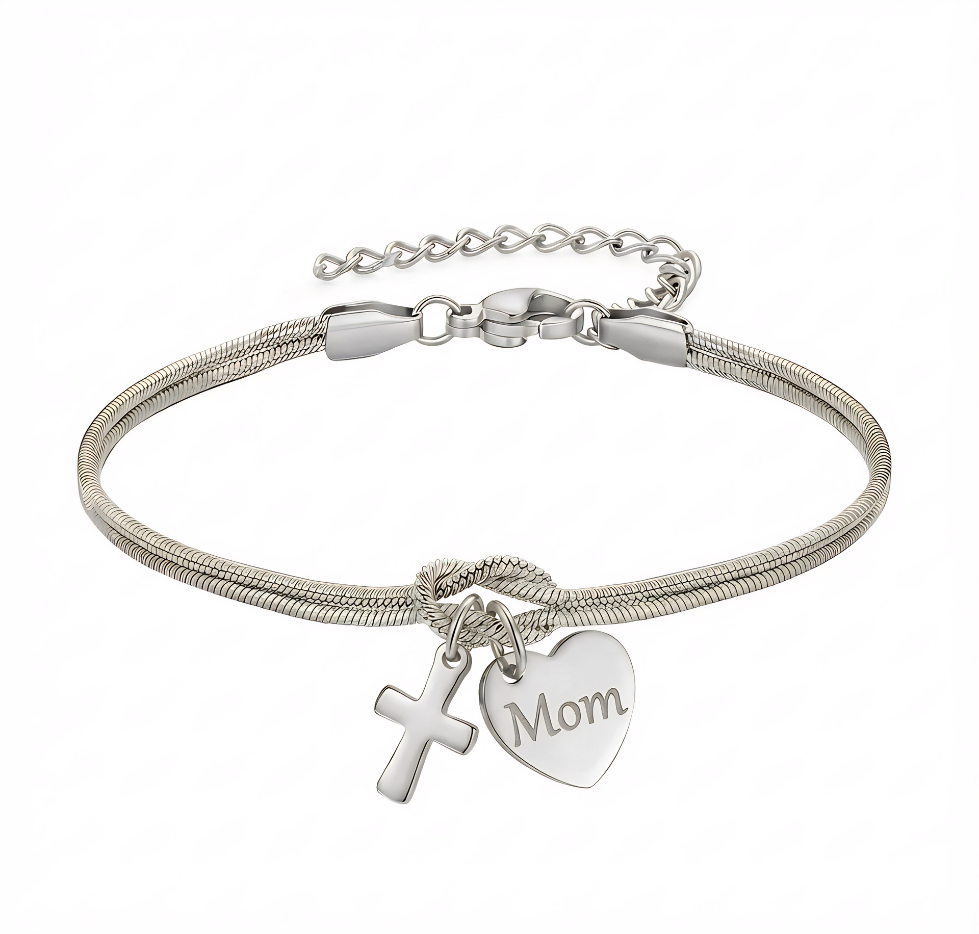 Concentric Knot Snake Bone Bracelet With Heart Cross Pendant_voghion.com