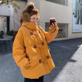 黄色格子连帽羽绒服外套女冬季2025新款白鸭绒显瘦保暖加厚面包服