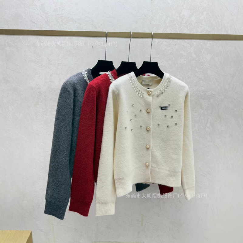 Shenzhen Nanyou Goods ~ High-End Version m Brand 25 Early Autumn New Model, Heavy-Duty Rhinestone-Embellished Beaded Knit Long-Sleeve Cardigan