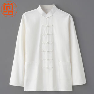 Spring and Autumn Tang Suit Men's Chinese Style Autumn Cotton and Linen Tops Chinese Clothing Retro Shirts Stand Collar Buttoned Bottoming Shirts