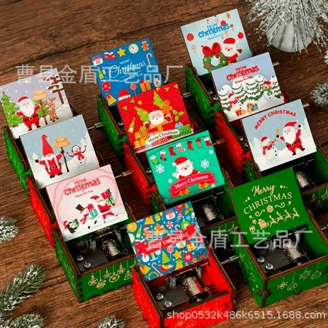 Рождественская деревянная музыкальная шкатулка с ручным приводом, винтажной гравировкой и УФ-печатью, оптовая продажа рождественских музыкальных шкатулок с заводным механизмом