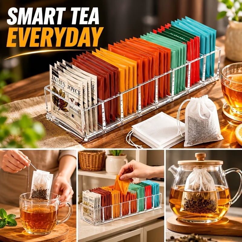 Transparent tea bag storage rack, disposable rack for kitchen countertop organization, multi-compartment storage kitchen rack