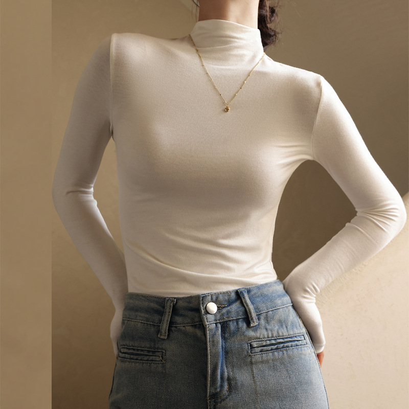 Basic Versatile Simple Modal Half-High Collar Long-Sleeve Base Shirt for Women, Slimming T-Shirt That Can Be Worn as an Outer Top