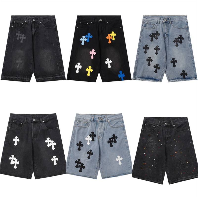 Cross-Border Trendy Brand Crocodile Washed Vintage Cross-Stitched Leather Loose Straight Casual Men's Denim Shorts